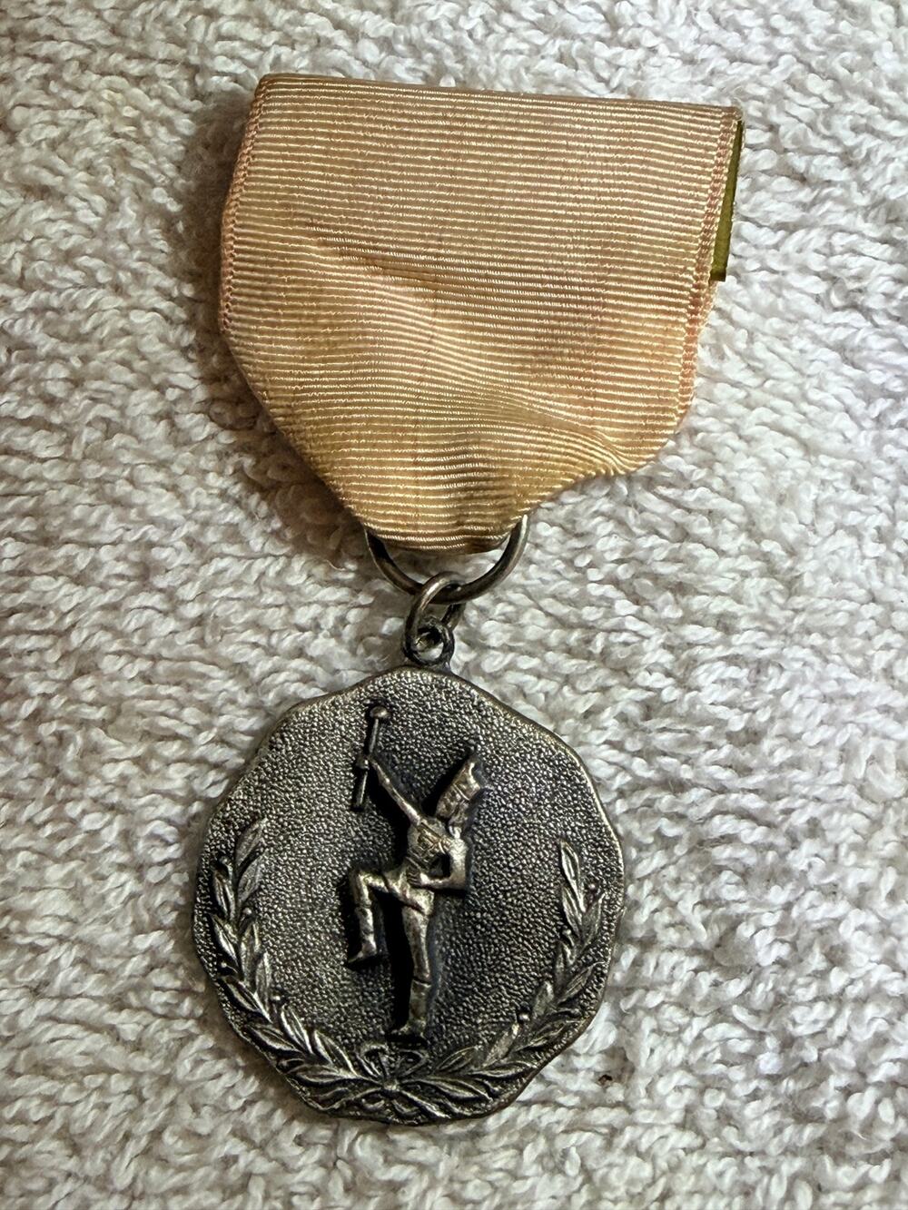 Vintage Marching Band Medal Drum Major Baton Award Silver Tone Peach Ribbon